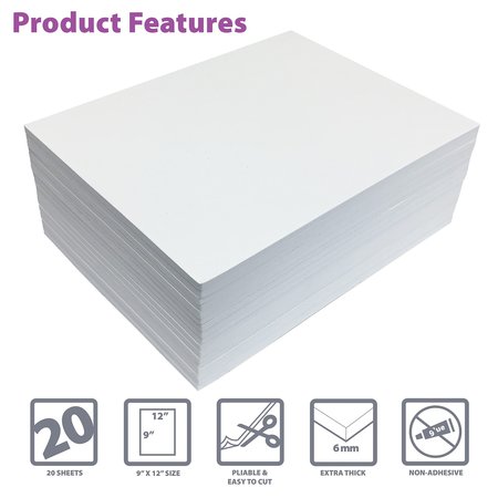 Better Office Products EVA Foam Sheets, 9 x 12 Inch, 6mm Extra Thick, White Color, for Arts and Crafts, 20 Bulk Sheets, 4PK 01619